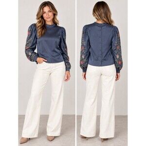 H&M Navy Embroidered Blouse Boho Romantic Dark Academia Size 8